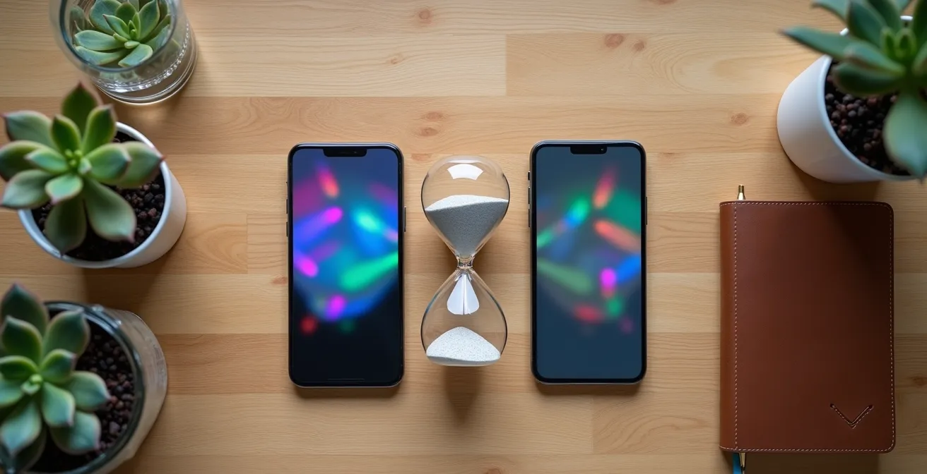 A split-screen view showing a colorful phone interface versus a muted grayscale version, illustrating different screen reduction techniques.