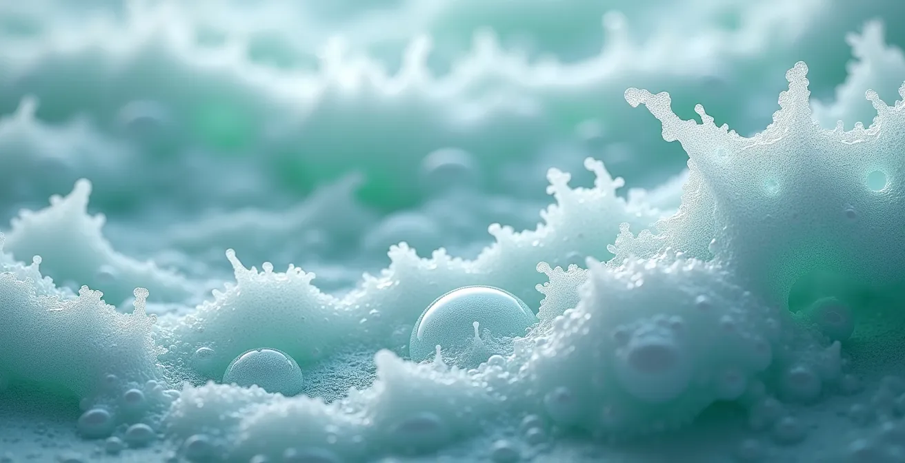 Close-up macro shot of white ocean foam showing intricate texture details preserved through careful processing