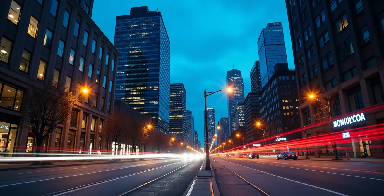 Wide angle view of Montreal's financial district at twilight with abstract light patterns