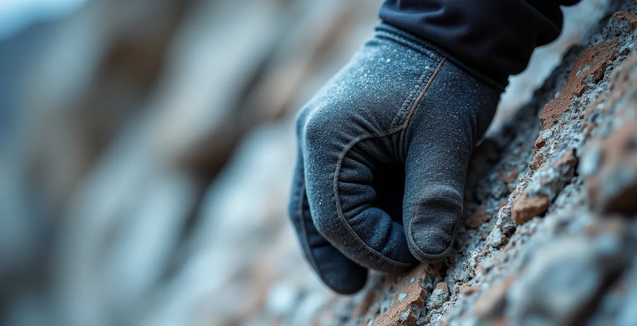 Close-up of hands gripping granite rock face showing scrambling technique
