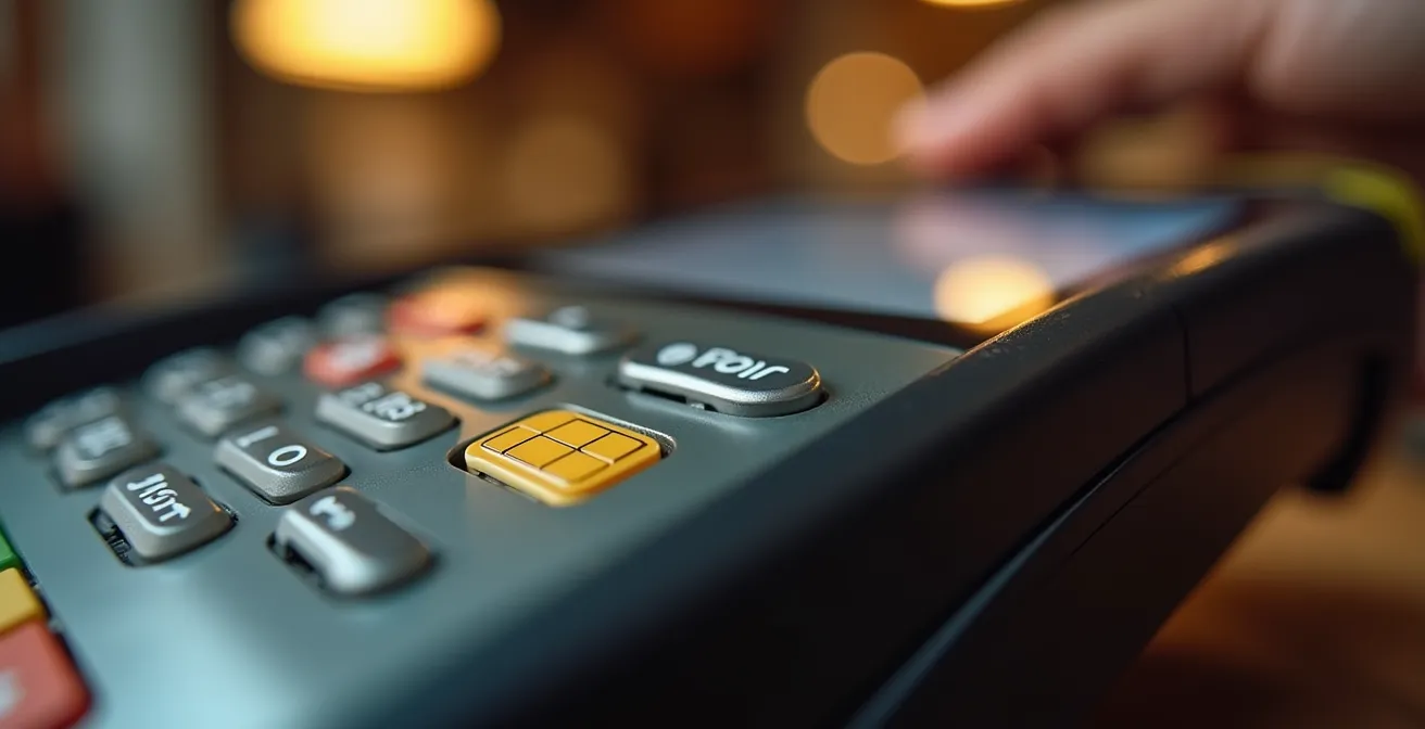 Modern secure payment terminal in traditional small shop setting