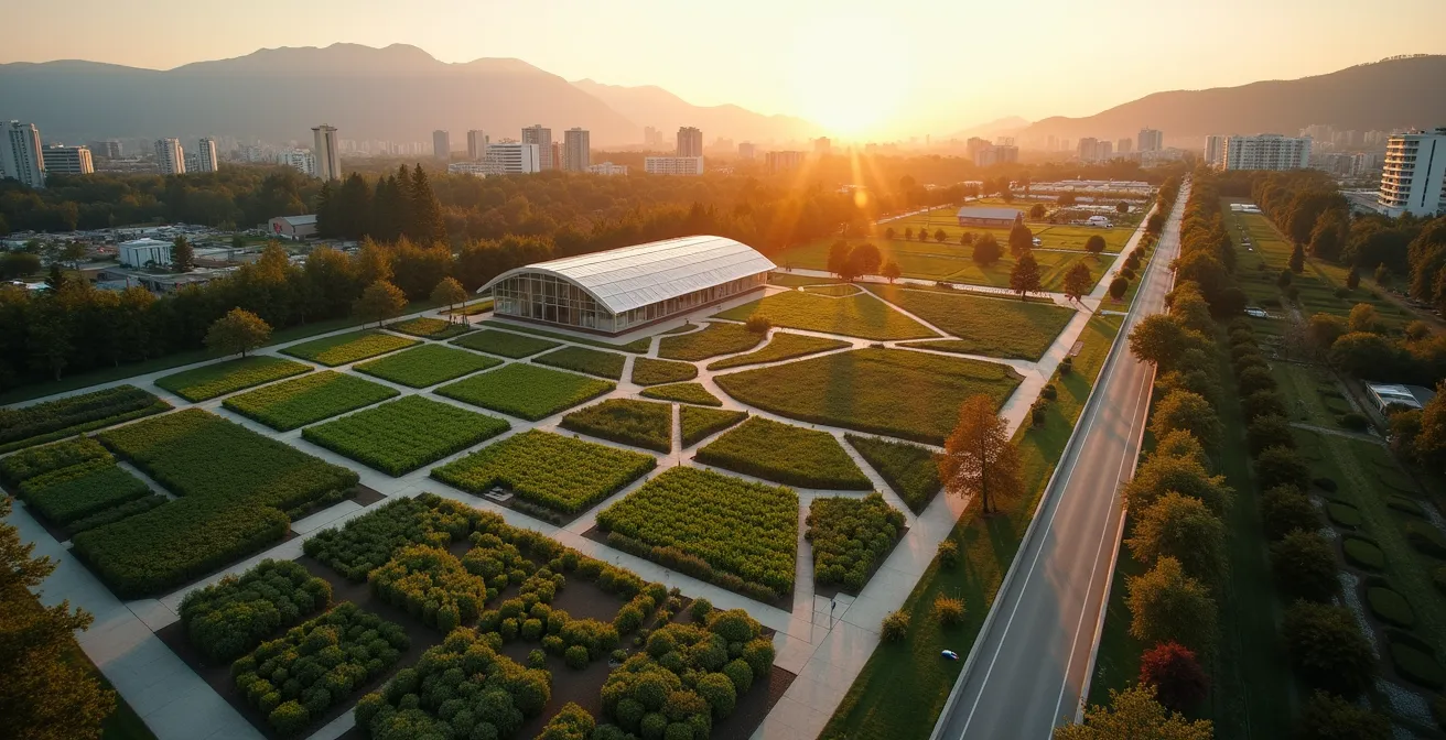 Aerial view of expanding community garden project from single plot to multiple urban farms across Canadian city
