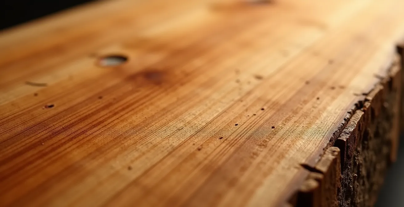 Close-up of natural solid wood grain showing unique patterns and warm tones