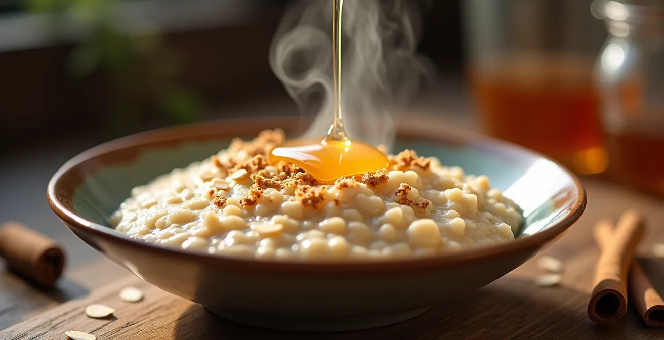 Close-up of a steaming bowl of porridge with honey and cinnamon on wooden surface