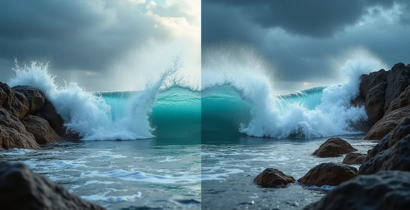 Split-screen comparison showing fast shutter wave explosion merged with long exposure receding flow