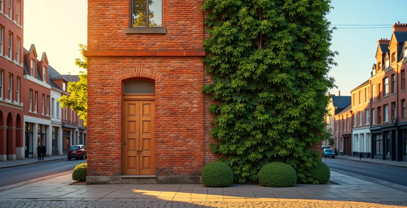 Cross-section diagram showing temperature reduction on historic brick building with vertical garden