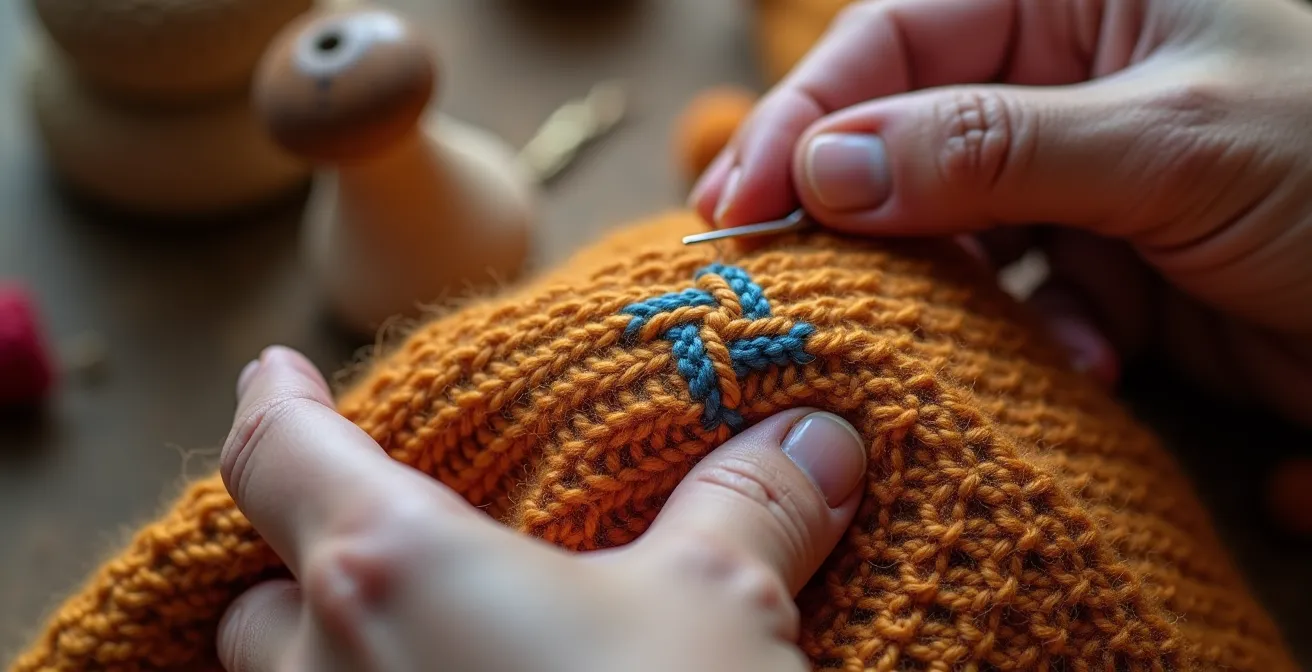 Close-up of hands mending wool sweater with decorative darning inspired by Canadian textile traditions