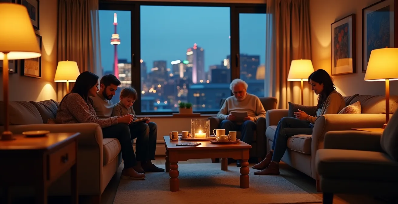 Wide shot of a Toronto apartment interior at dusk with multiple warm lamps creating a welcoming glow
