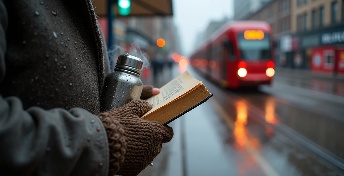 Close-up of commuter's hands holding both a book and coffee thermos while waiting at a rainy TTC stop