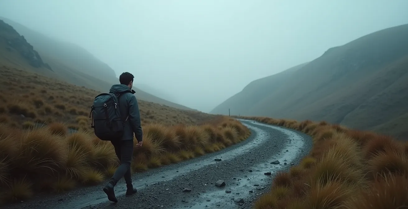 Dancer training with weighted backpack on Irish countryside trail in misty weather