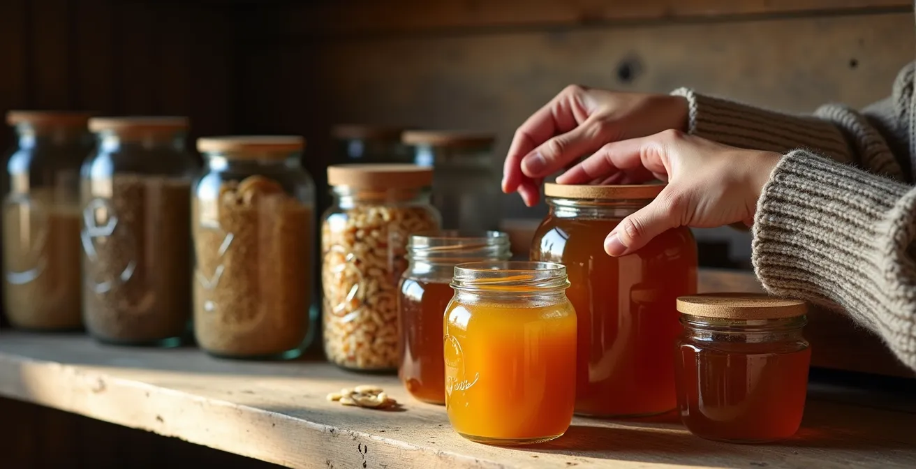 Overhead view of winter pantry staples arranged on rustic wooden surface