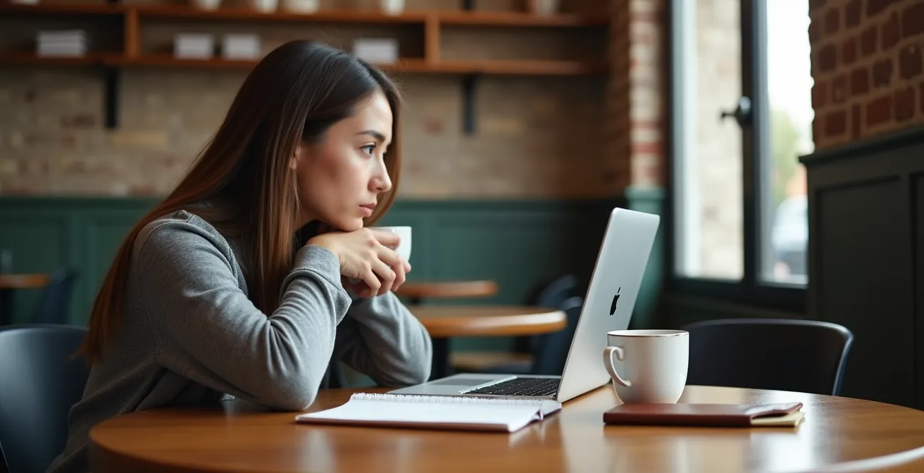 Young writer working in a minimalist cafe setting with laptop and notebook